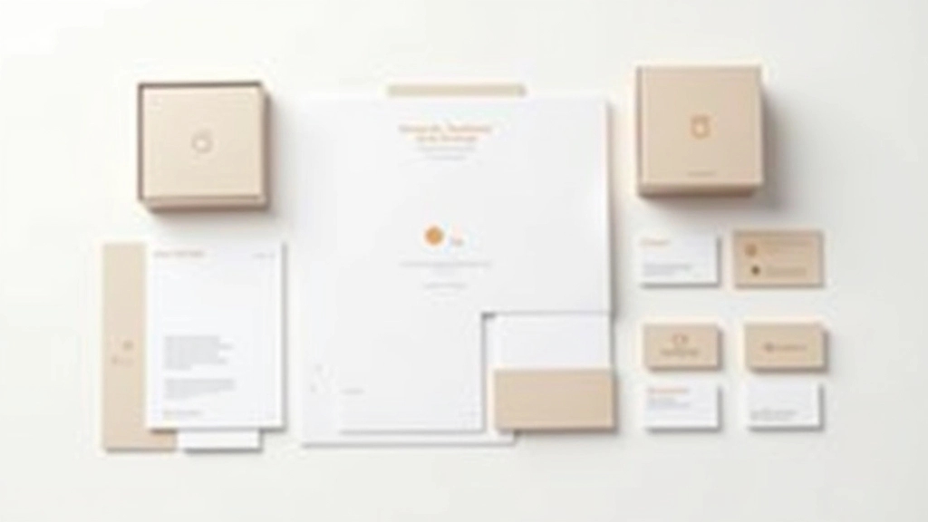 Photography showing various brand applications including printed materials, business cards, and packaging displaying consistent visual design