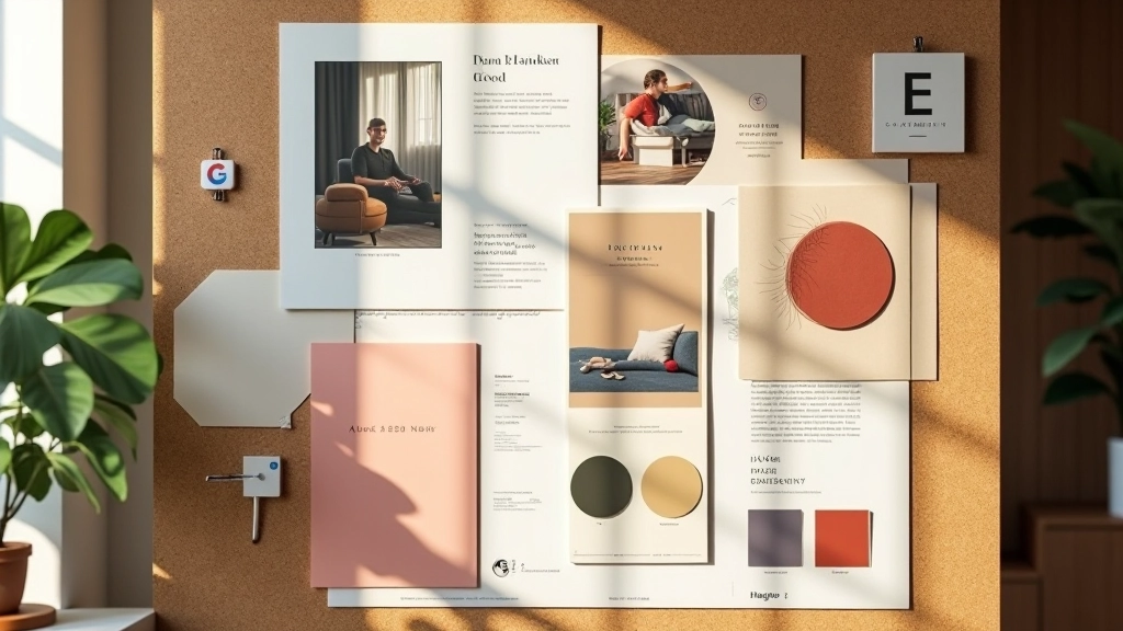 Mood board with various visual elements, textures, photographs, and color samples arranged artistically