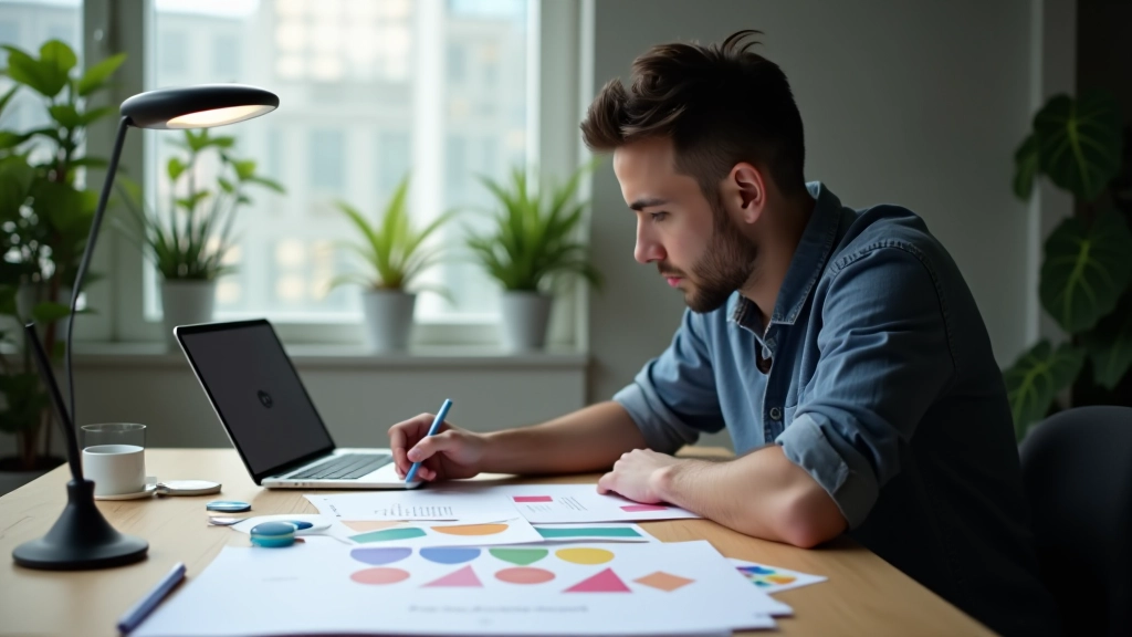 Designer's desk with brand guidelines document, color swatches, and digital tablet showing consistent logo variations