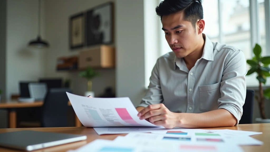 Designer reviewing brand guidelines document with color swatches and typography samples on workspace