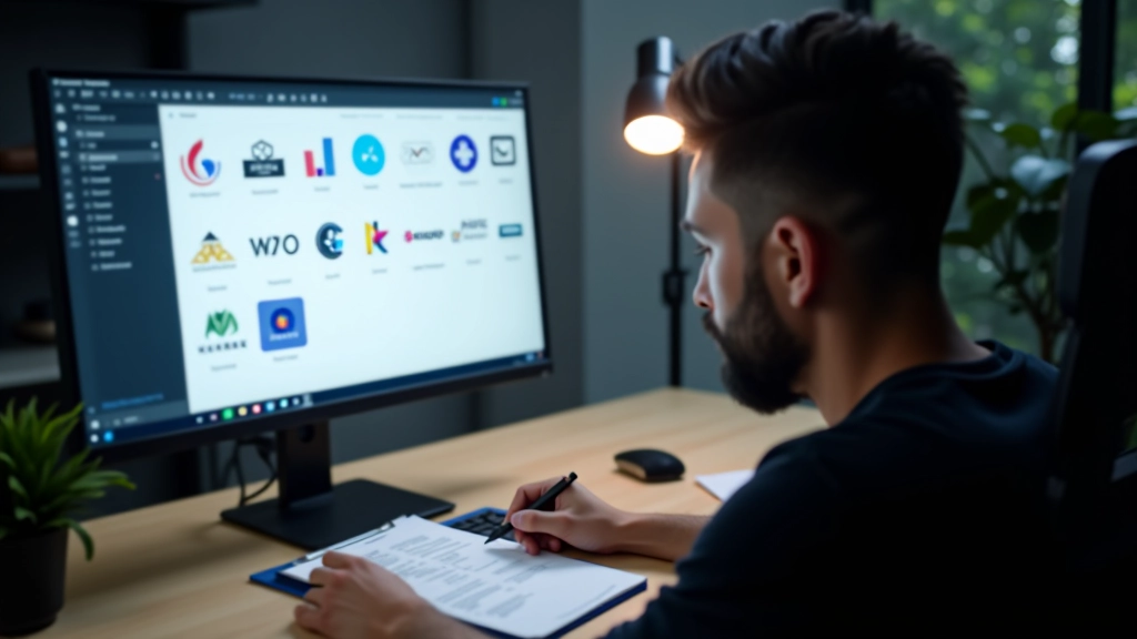 Designer reviewing logo variations and iterations on computer screen in modern studio space