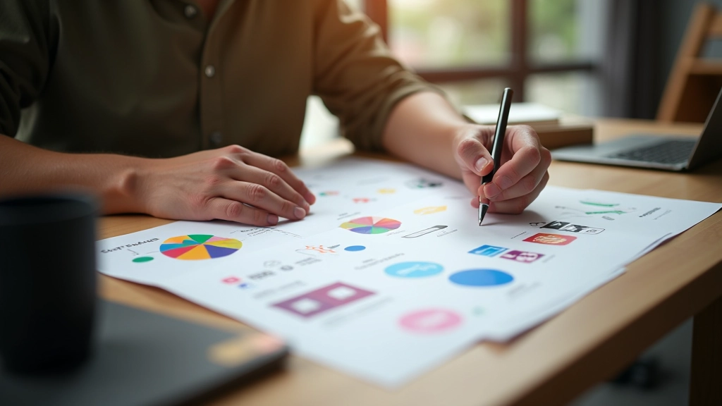 Designer working on logo sketches with color palette and brand guidelines on desk