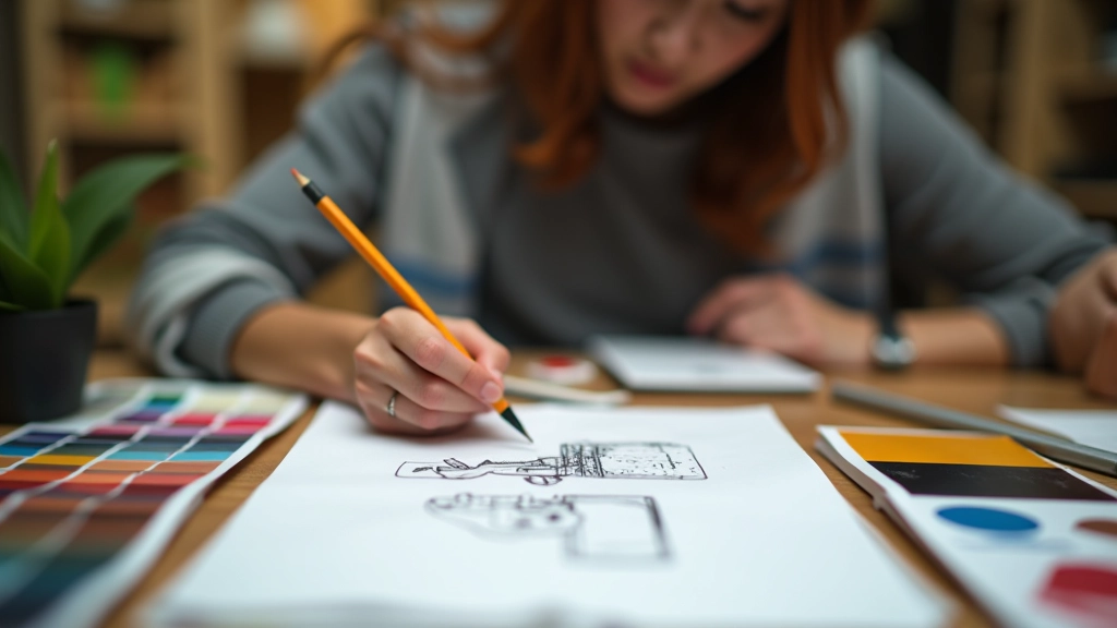 Designer sketching logo concepts with pencil and paper on workspace