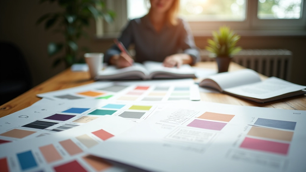 Workspace showing design elements including color swatches, typography samples, and brand guidelines documentation spread across a wooden desk