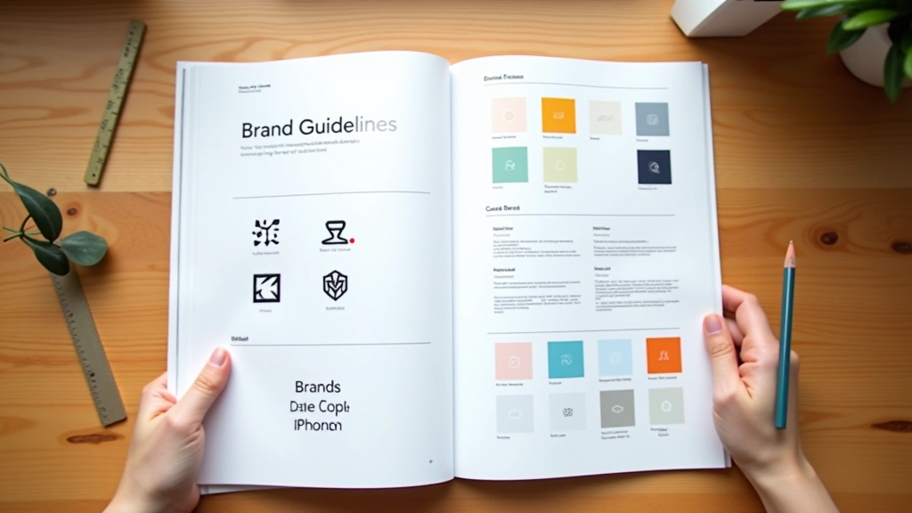Brand style guide document open showing logo variations, color swatches in CMYK and RGB, typography hierarchy, and usage examples